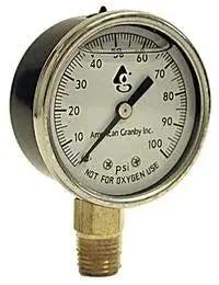 Front view of Liquid Pressure Gauge 0 To 100 PSI With A 2 Inch Dial, One Quarter Inch MNPT Connection, Lead Free Construction And Clear Lens.