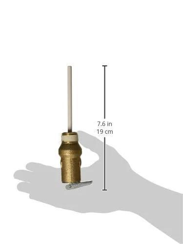 Small Temperature and Pressure Relief Valve for Water Heaters SP12574 by Rheem, shown in hand for scale, 7.6 in long.