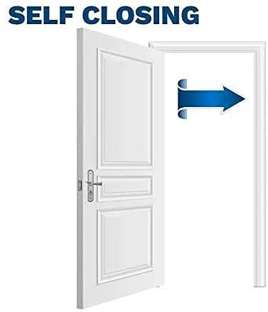 Illustration of a door with a "self closing" mechanism, showing the operation of Heavy Duty Stainless Steel Door Hinge Set Pro Grade 4.5 Inch By 4.5 Inch Self Closing Reversible Spring Hinges UL Listed With Complete Installation Hardware 2 Pack.