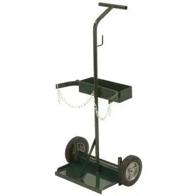 Welding Cylinder Hand Truck 45in High 22in Wide With 8in Semi Pneumatic Wheels, upright view, chains and handle visible.