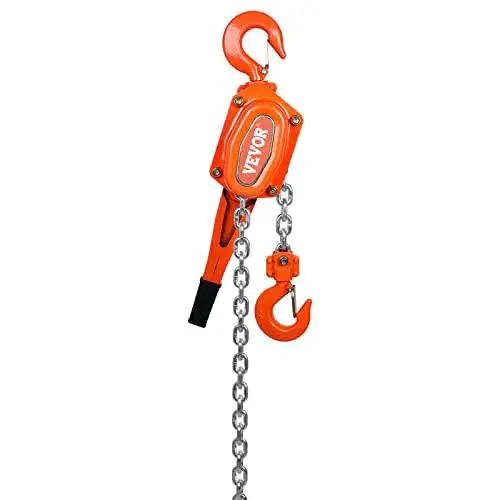 Manual Lever Chain Hoist 3 Ton 6600 Lb, 20 Ft, G80 Weston Brake 360 Degree Hook, orange body and chain, front view