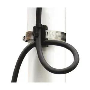 Side view of ABS Nylon Float Switch Cable Clamp And Hose Clamp securing cables on a pipe for electrical and plumbing installations.