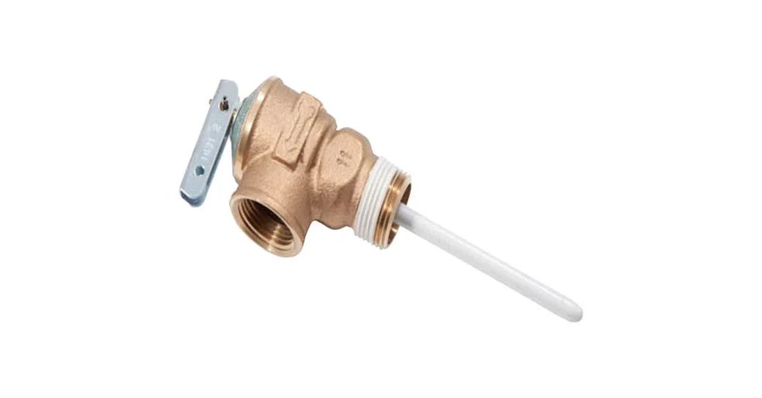 Temperature And Pressure Relief Valve For Water Heaters Replacement Part By Reliance 100108280 in gold, side view showing installation thread.