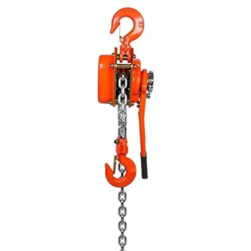 Side view of 3 Ton Lever Chain Hoist 10 Ft Lift G80 Galvanized Carbon Steel Weston Double Pawl Brake with hooks and chain visible.