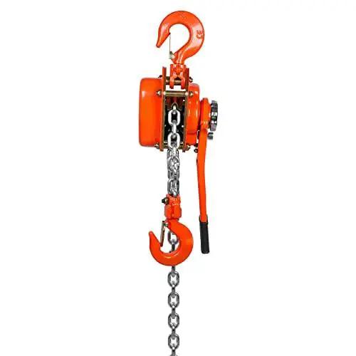 Side view of Manual Lever Chain Hoist 3 Ton 6600 Lb, 20 Ft, G80 Weston Brake 360 Degree Hook showing orange housing and steel chain