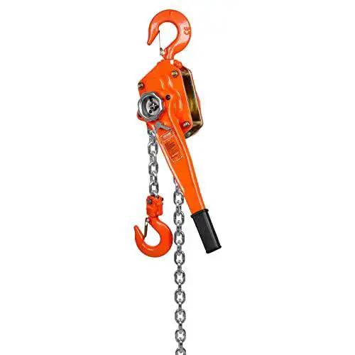 Orange Manual Lever Chain Hoist 3 Ton 6600 Lb, 20 Ft, G80 Weston Brake 360 Degree Hook with visible chain and dual hooks