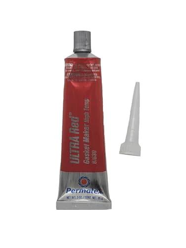 Ultra Red High Temperature Gasket Maker For Automotive Gaskets 3 Oz By Permatex, shown with cap, front view.