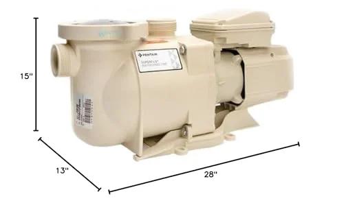 Side view of Whisper Quiet 1HP EC Pool Pump with unionized fittings and cam and ramp lid. Beige finish, 15"x13"x28" dimensions.