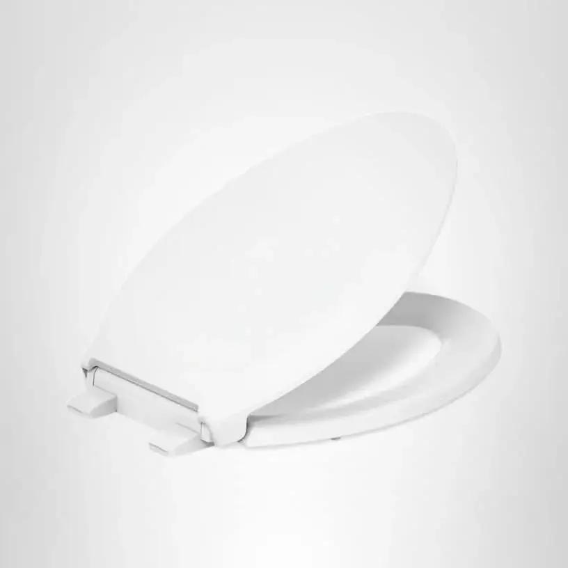 Cachet ReadyLatch Elongated Toilet Seat With Soft Close Lid And Easy Install shown partially closed, front view.
