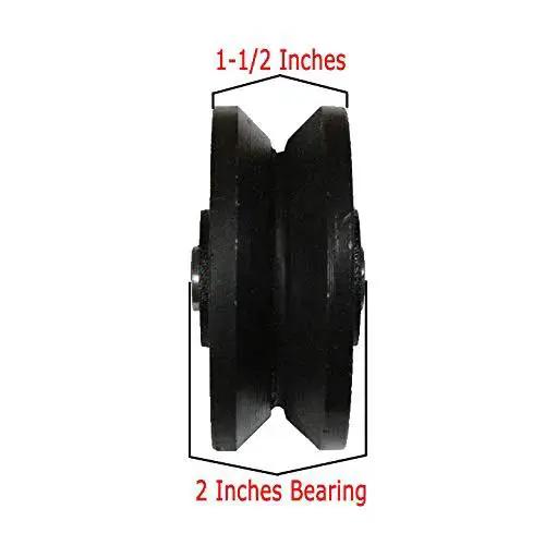 Side view of Beefy Heavy Duty Cast Iron V Groove Wheel Set for Residential Rolling Gates 4 inch by two and a half inch with roller bearing.