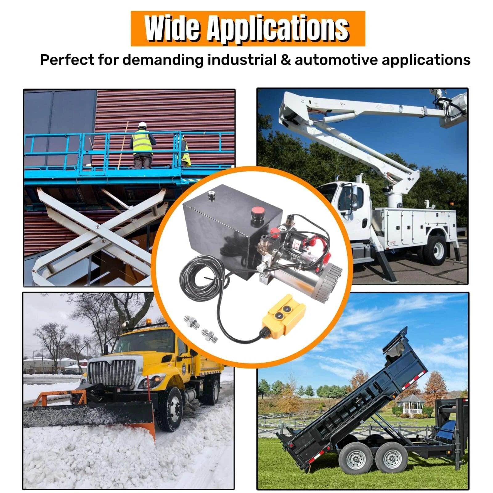 3200 PSI Hydraulic Power Unit shown with dump trailer, truck, agricultural equipment and lifting applications, Mixizap