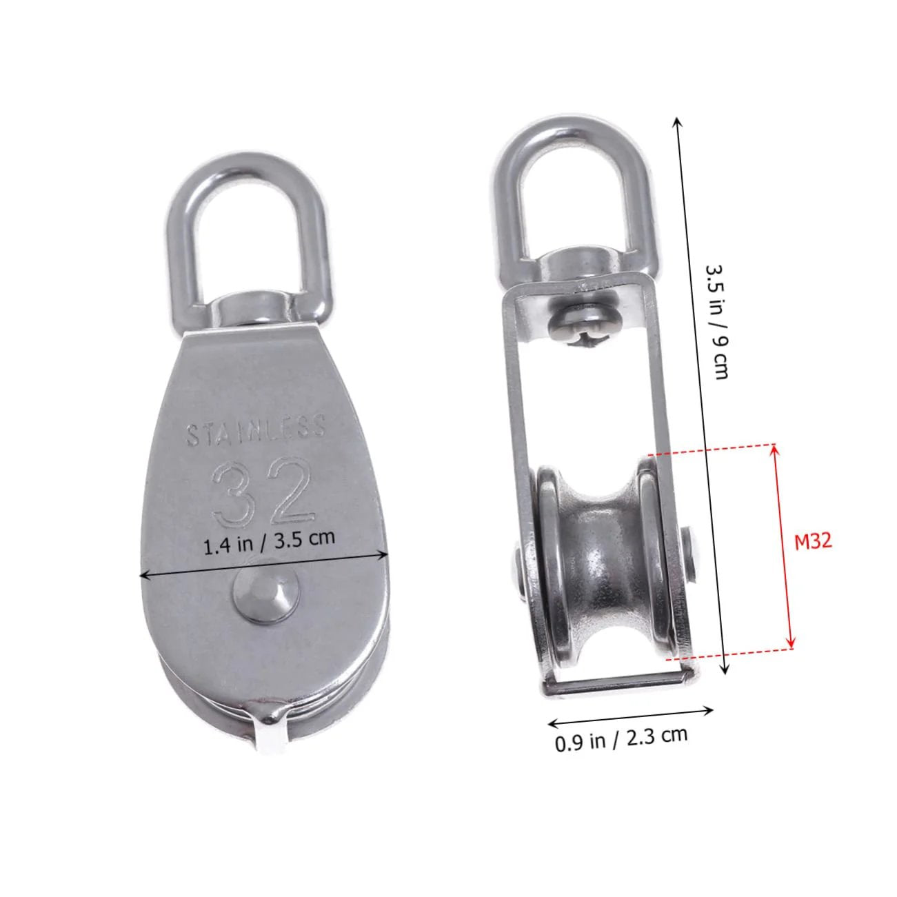 Front and side view of 32mm Stainless Steel Swivel Single Sheave Pulley Roller for Rope Wire and Cable Lifting Heavy Duty Design.