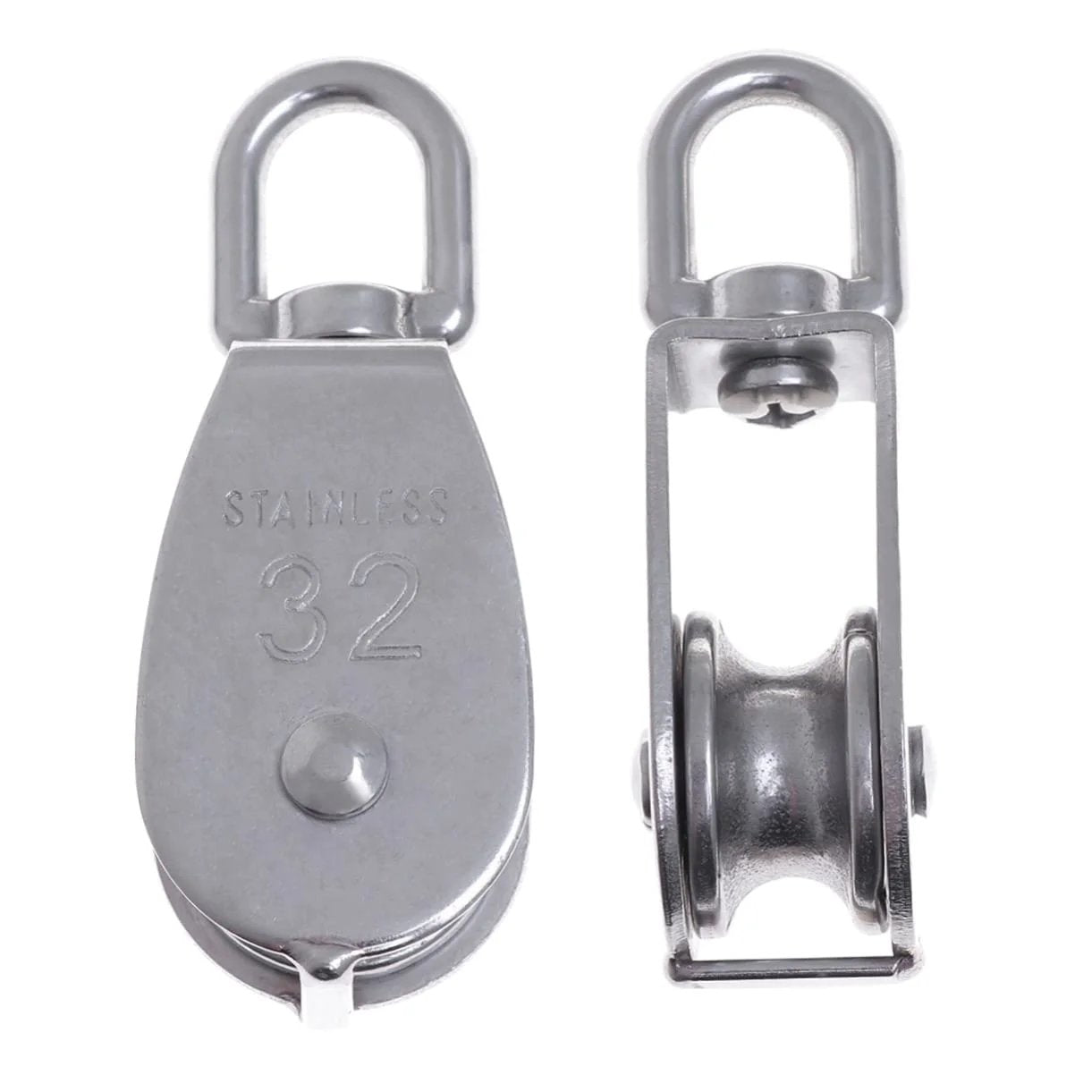 Front and side view of 32mm Stainless Steel Swivel Single Sheave Pulley Roller for Rope Wire and Cable Lifting Heavy Duty Design.