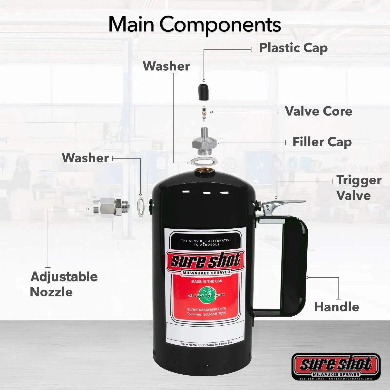 Heavy Duty Refillable 32oz Pressurized Sprayer For Oil Solvent Degreasers And Lubricants With Adjustable Nozzles A Durable Steel Canister Rechargeable Made In The USA Non Aerosol Design For Safe Use With Mist And Jet Options Great For Garage Use showing main components