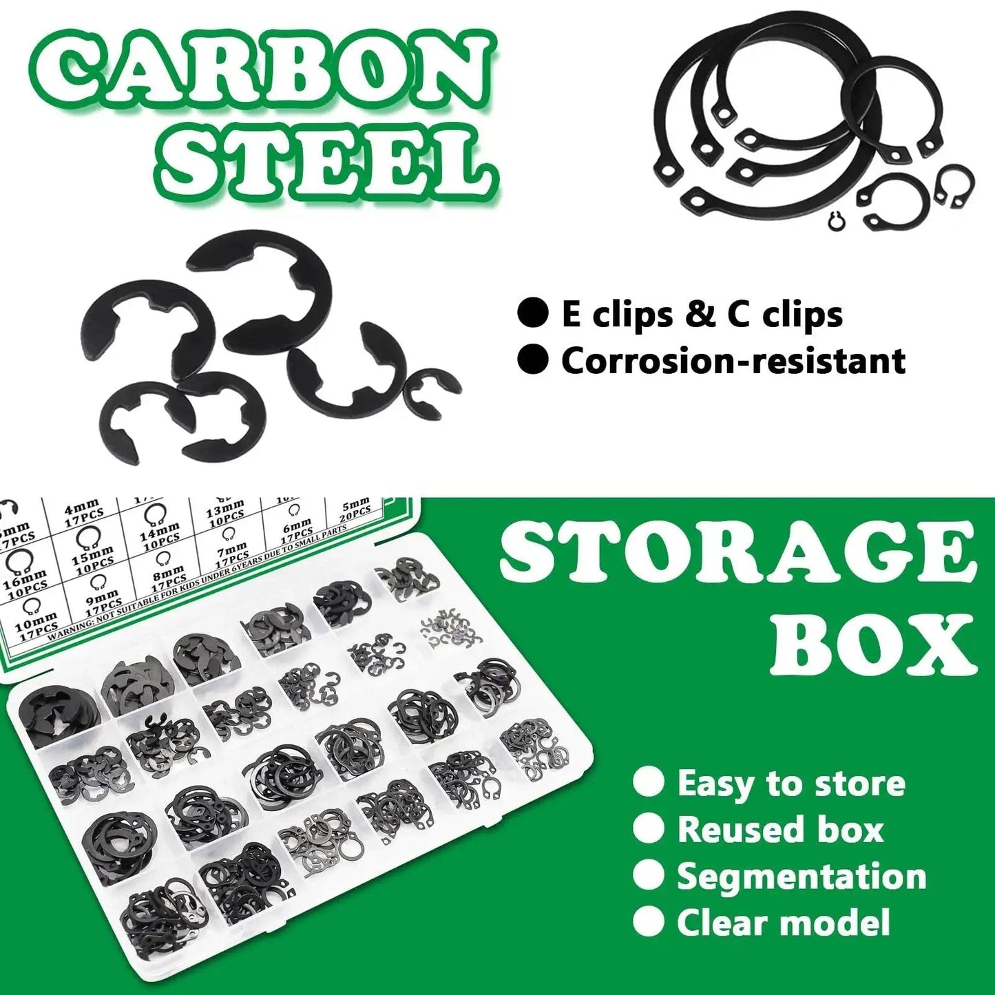 Mega Handy 330 Piece Snap Ring Set With E Clips And C Clips for mechanical projects, carbon steel retaining rings in storage box
