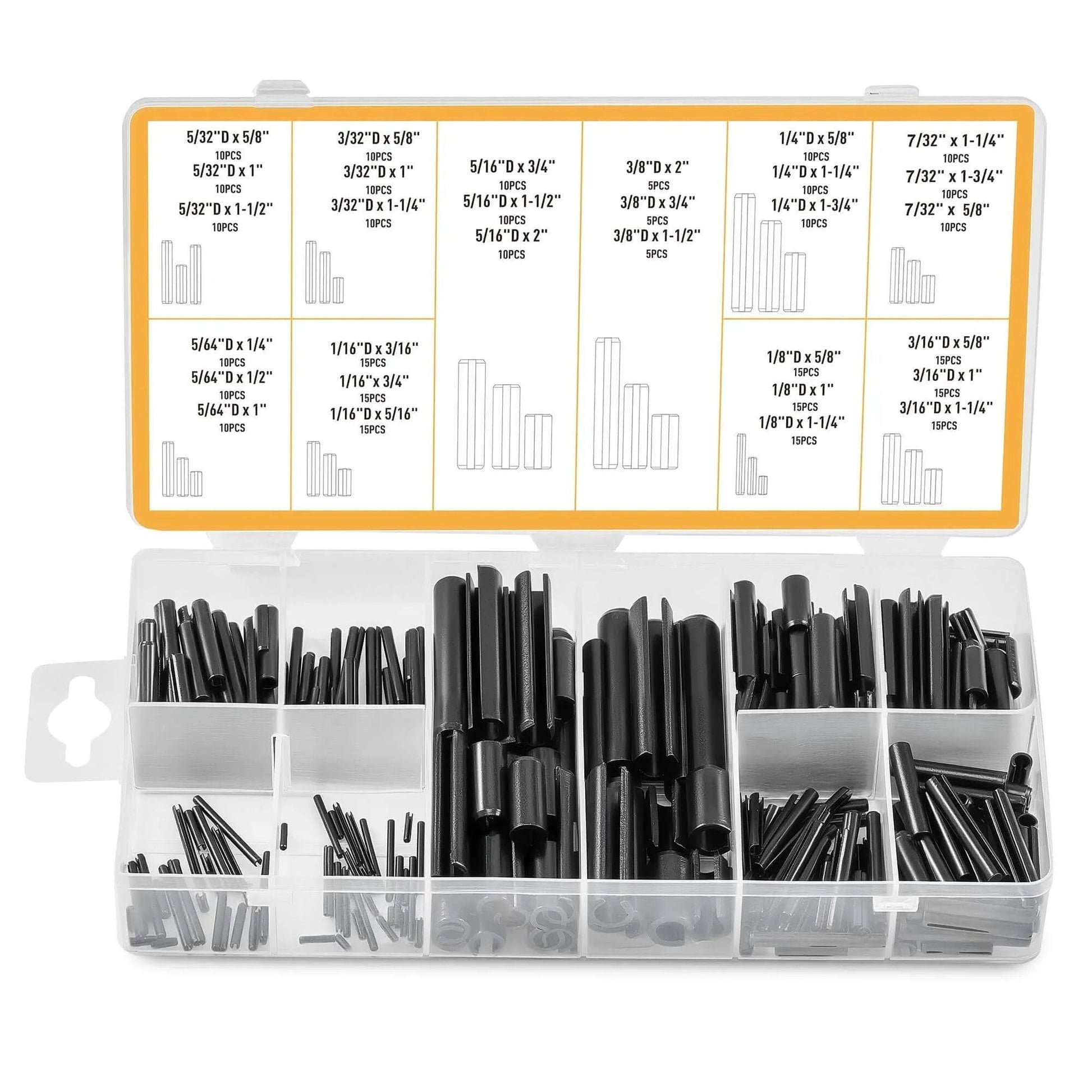 330Pcs SAE Roll Pin Assortment Kit with 10 Sizes Slotted Spring Pins in open box, heavy-duty steel for automotive and home repair.