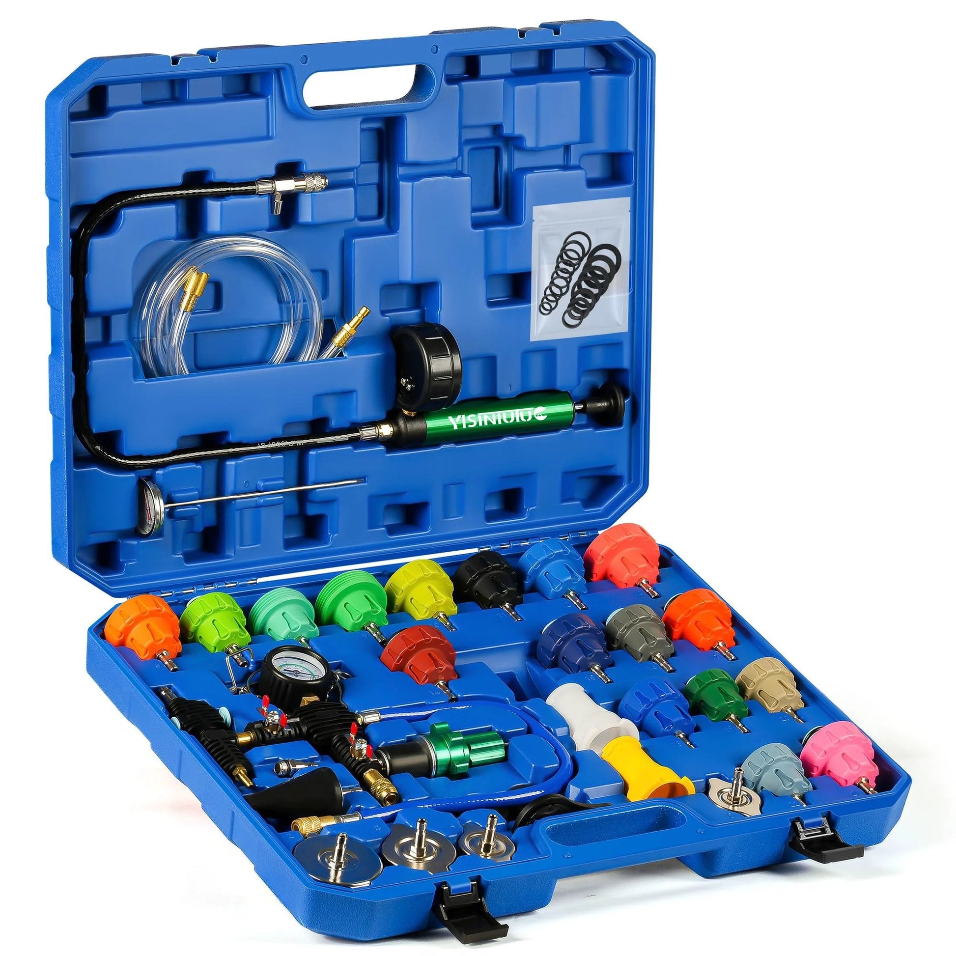 Universal 34 Piece Radiator Pressure Tester Kit With Vacuum Refill For Automotive Cooling System Leaks detection and Vacuum Purge shown in a thick blow molded toolbox.