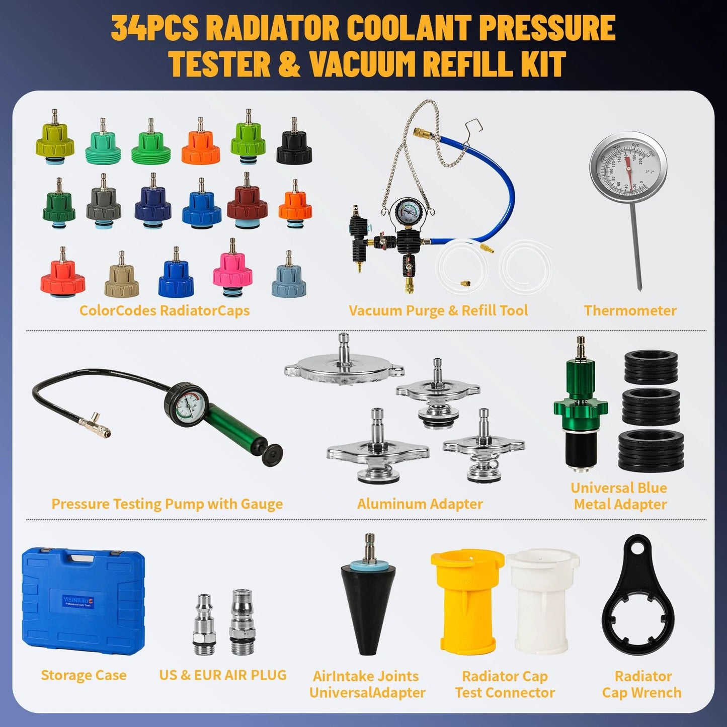 Image of Universal 34 Piece Radiator Pressure Tester Kit With Vacuum Refill For Automotive Cooling System Leaks Detection and Vacuum Purge, showing various caps and tools.