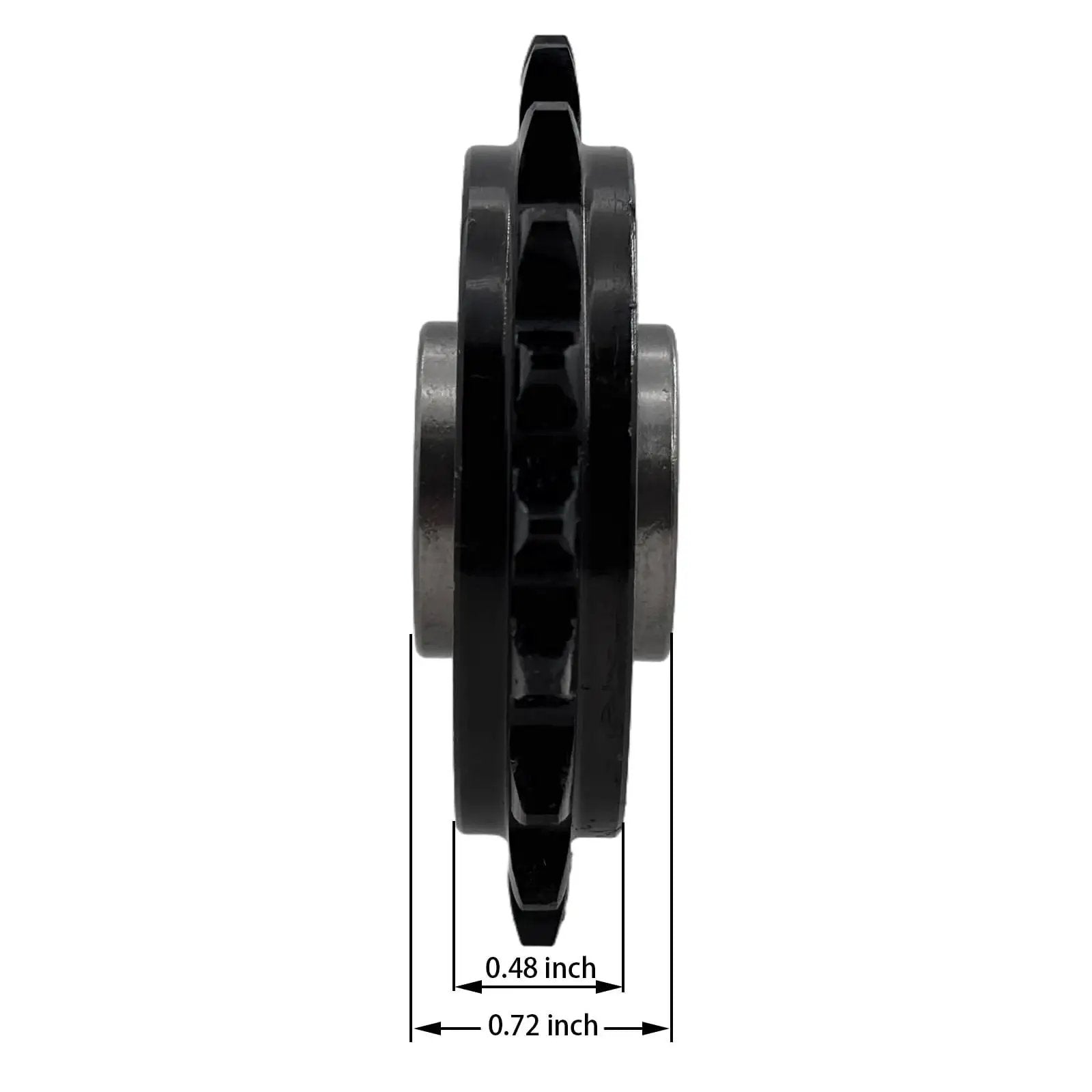 Side view of No 35 Roller Chain Idler Sprocket Type C with 5/8 bore, 20 teeth, showing blackened finish and dimensions in inches.