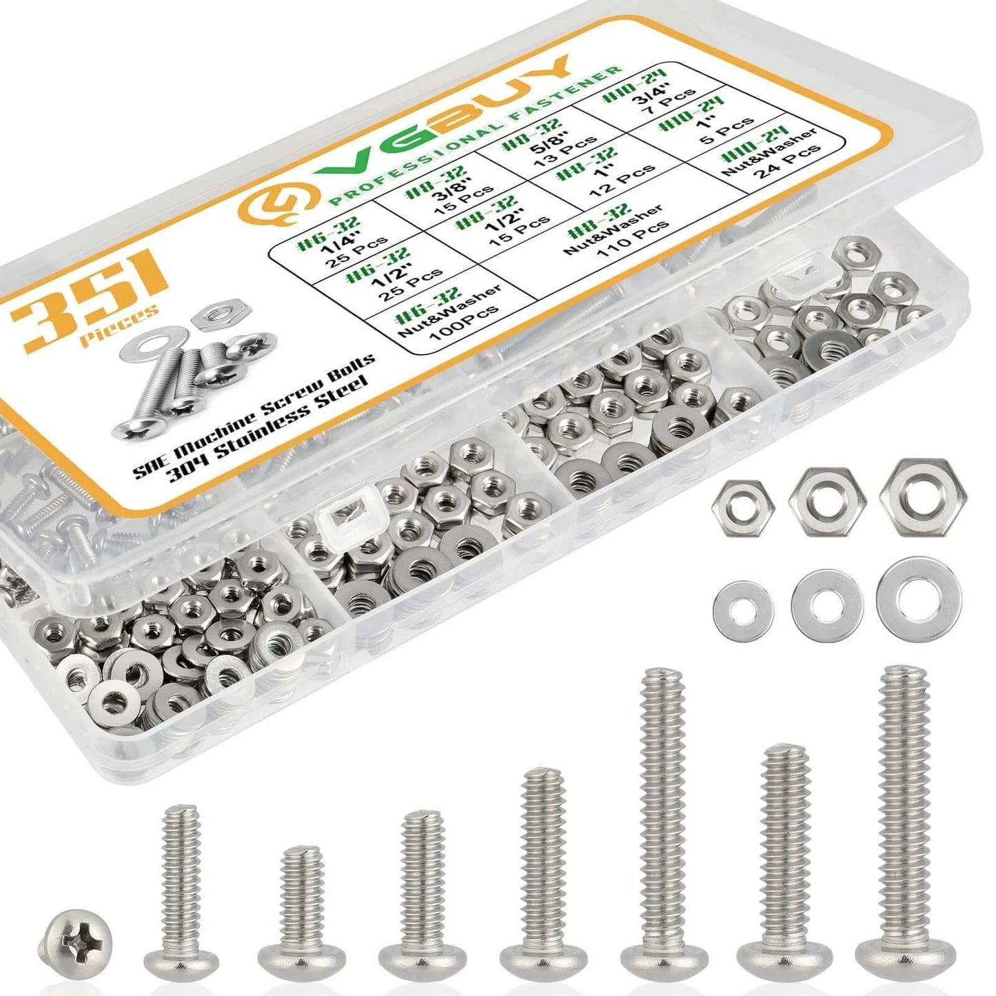351 Pcs Machine Screws Nuts and Bolts Assortment Kit with #6-32 #8-32 #10-24 Phillips Pan Head 304 Stainless Steel Screws Matching Nuts and Flat Washers Packed in Organized Case