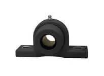 Front view of single 2-bolt pillow block bearing 1-7/16 in inner diameter zinc-plated wide set screw insert, black polymer housing.