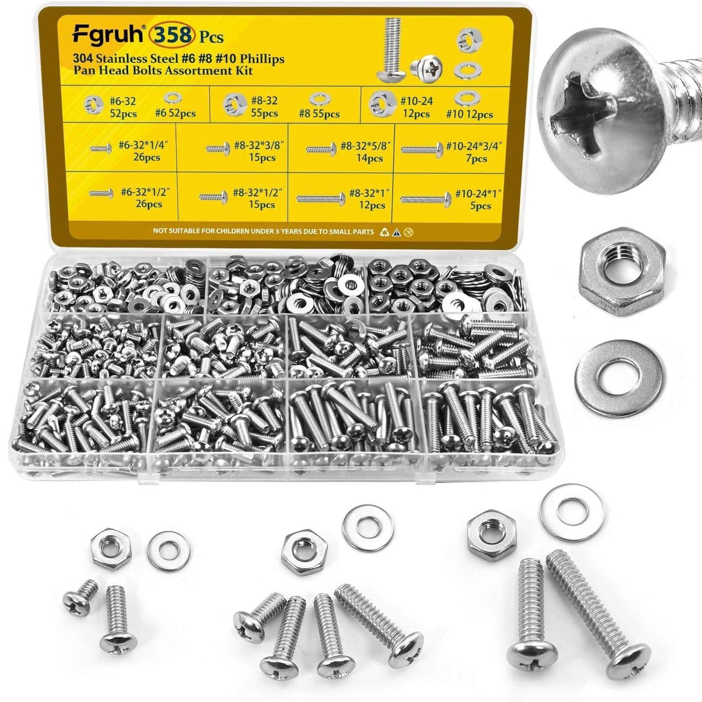 358 Pcs Machine Screws and Nuts Assortment Kit with #6-32 #8-32 #10-24 Phillips Pan Head Bolts Made from 304 Stainless Steel Including Matching Nuts and Flat Washers Organized for Repairs and Assembly