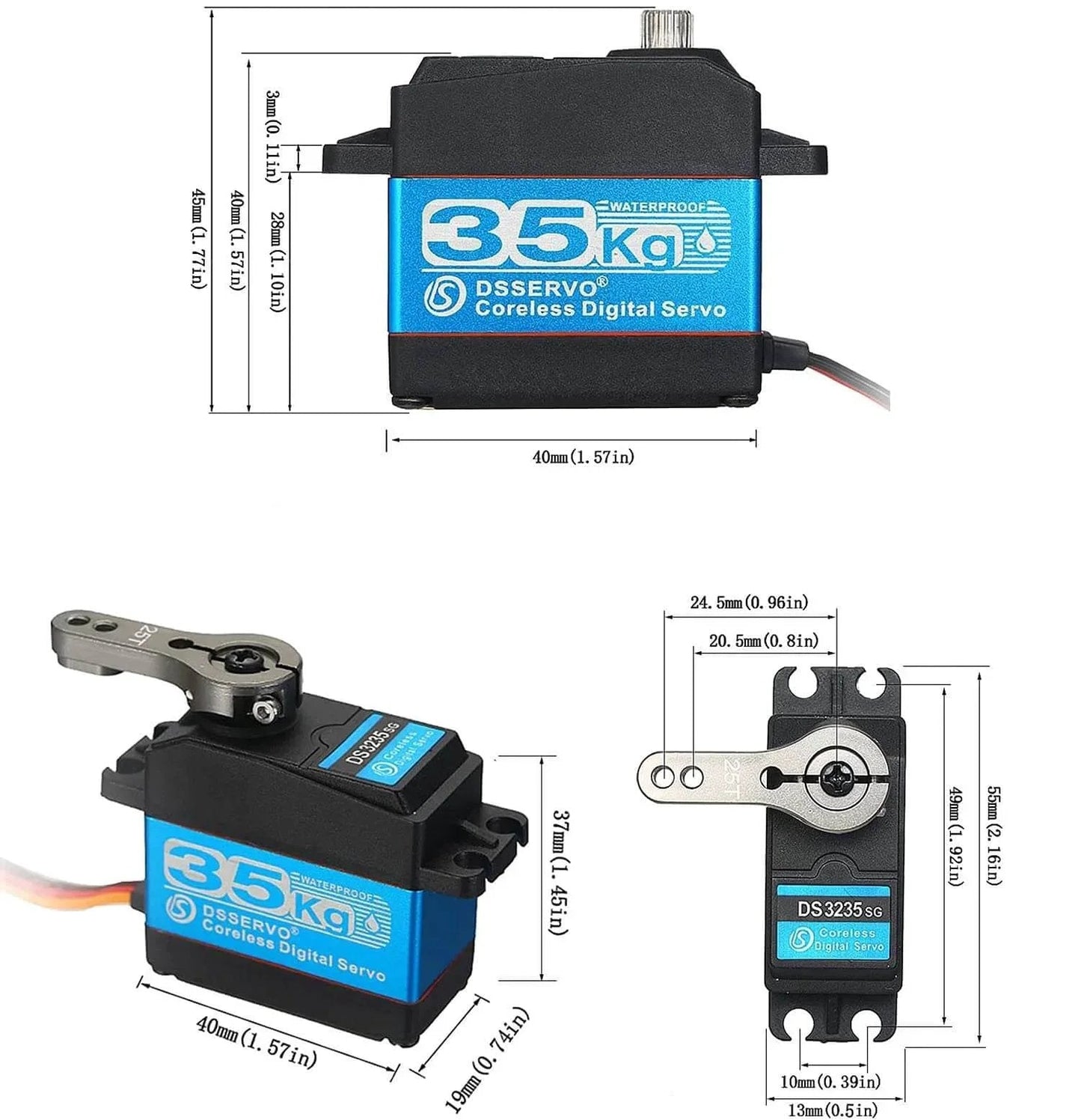 35kg high Torque Coreless Motor servo Metal Gear Digital and Stainless Steel Gear servo arduino servo for Robotic DIY, RC car (Control Angle 270°), dimensions and close-up view