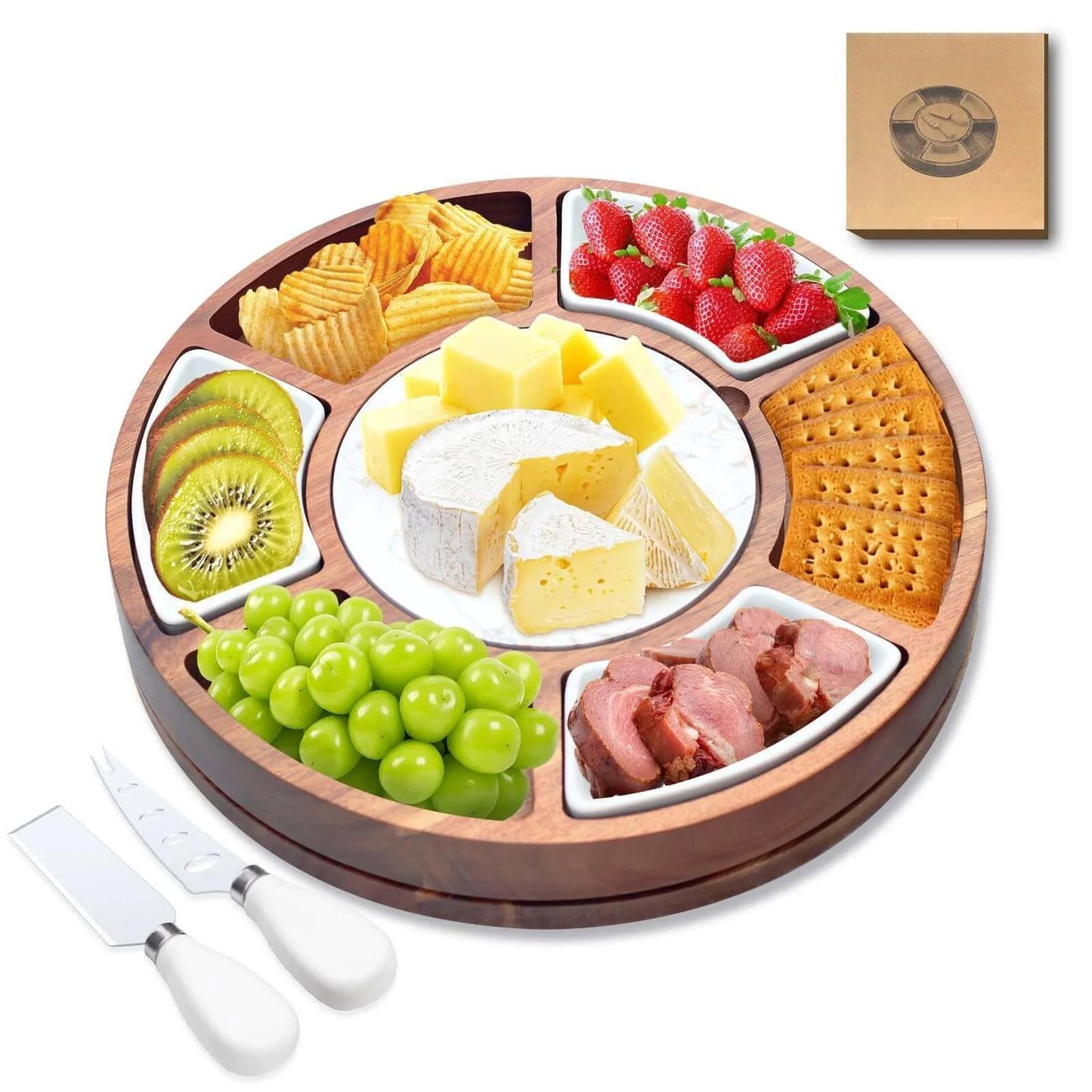 360 degree rotating lazy susan cheese and charcuterie board set with 13.5 inch acacia wood serving board, slate chiller, and accessories