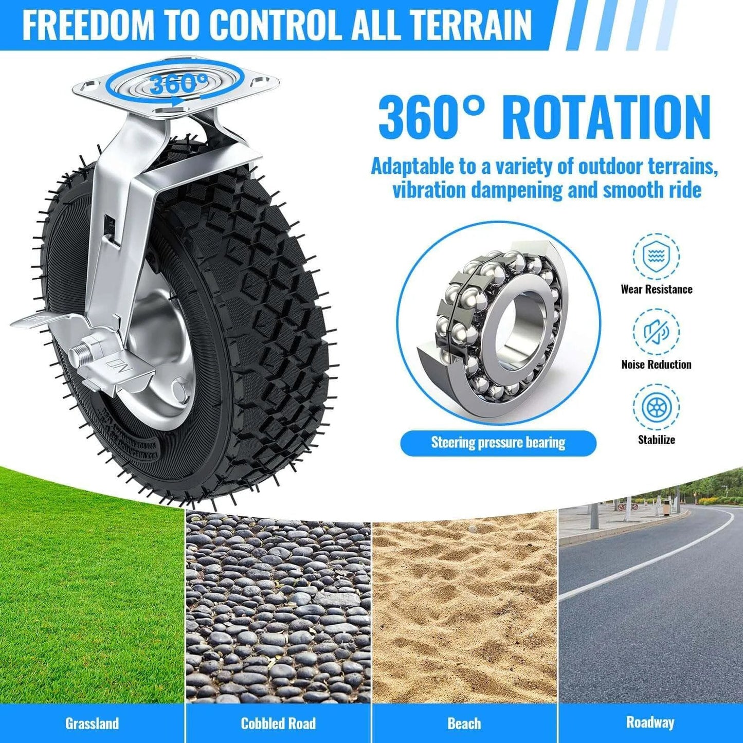 10 inch heavy duty caster wheels with brakes set of 4, locking swivel plate industrial casters rated up to 1300 lbs, featuring 360° rotation.