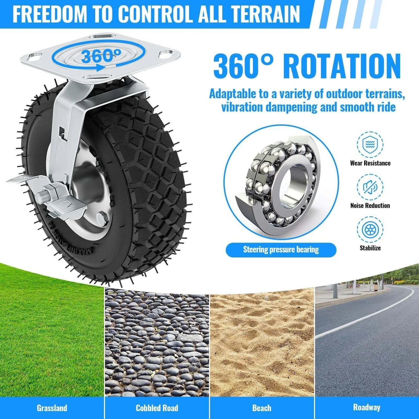 8 inch heavy duty caster wheels with brakes set of 4, locking swivel plate, adaptable for all terrains.