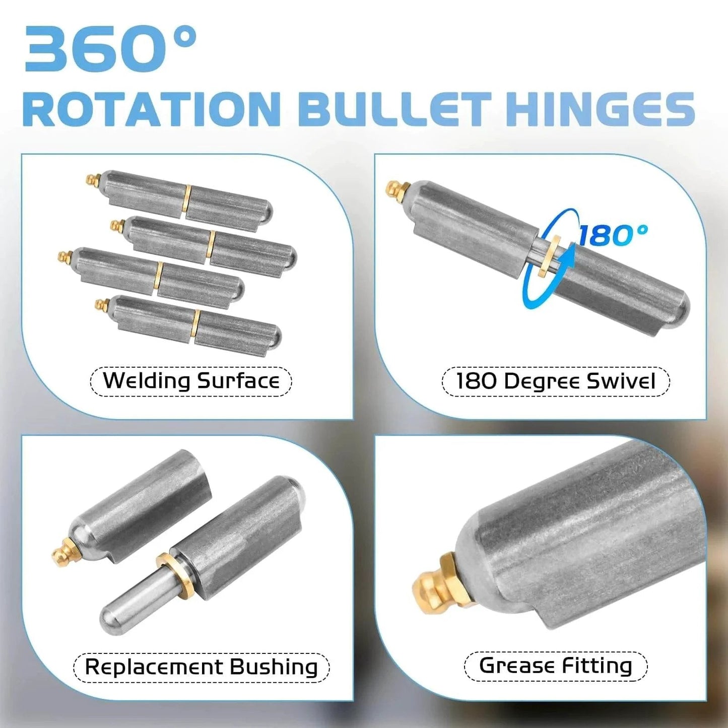 4 Pcs 4 Inch BBQ Smoker Bullet Weld On Hinges showing welding surface, 180° swivel, replacement bushing, and grease fitting details