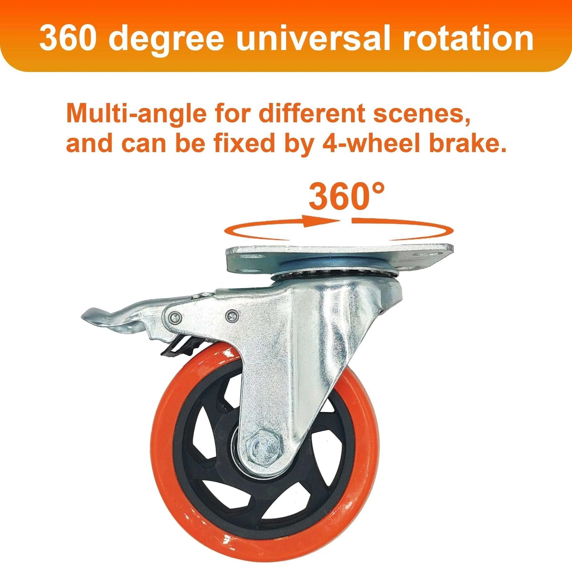 8 piece 4 inch heavy duty locking swivel casters with brake showcasing 360 degree rotation; ideal for furniture and carts.