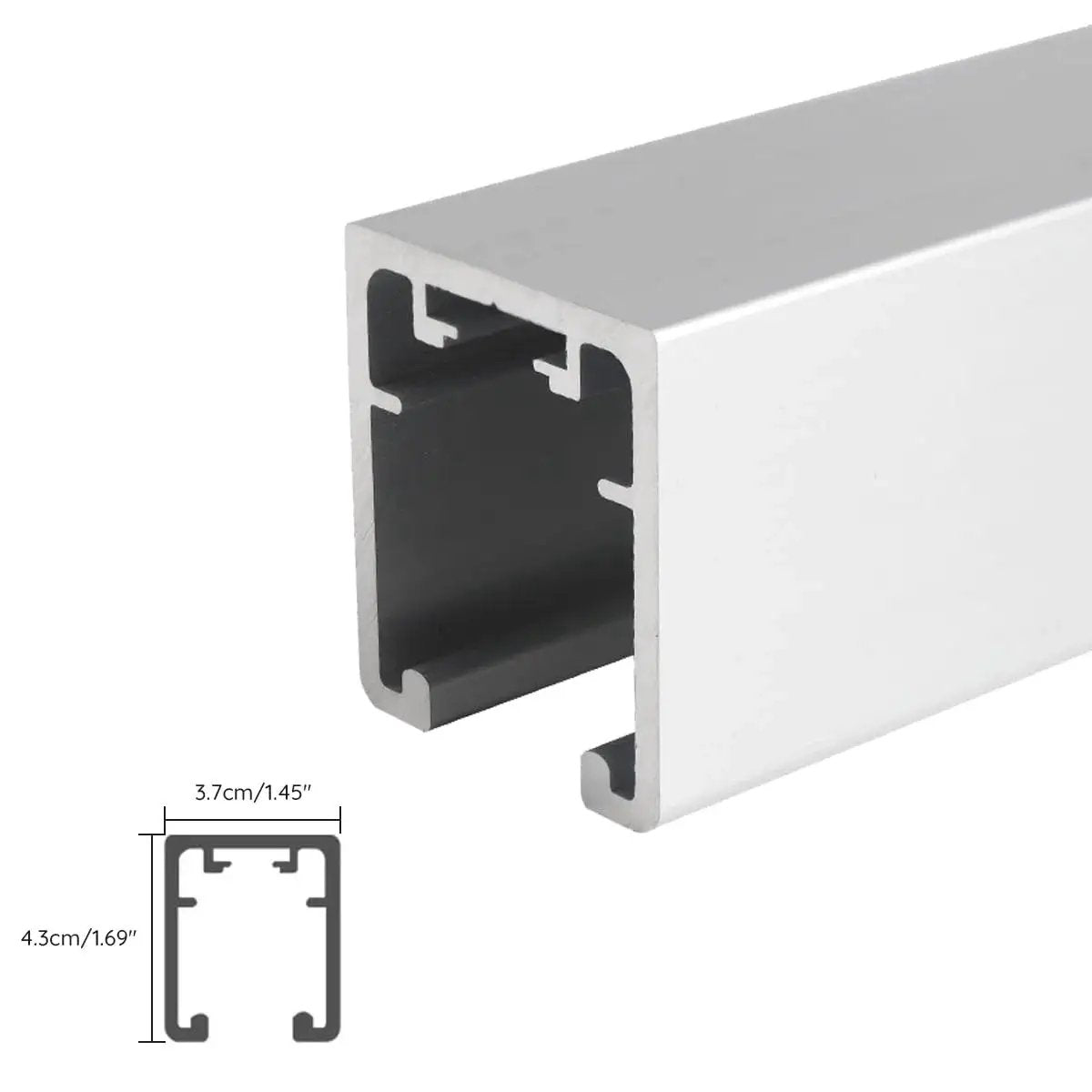 Close-up of aluminum rail for Free Sliding Bifold Door Hardware With Track 36 Inch Bi-Fold Closet Door Kit Smooth Quiet Operation Two Sets For Four Doors Doors Not Included Durable Steel Construction For Long Lasting Use Includes Track And Mounting Hardware.