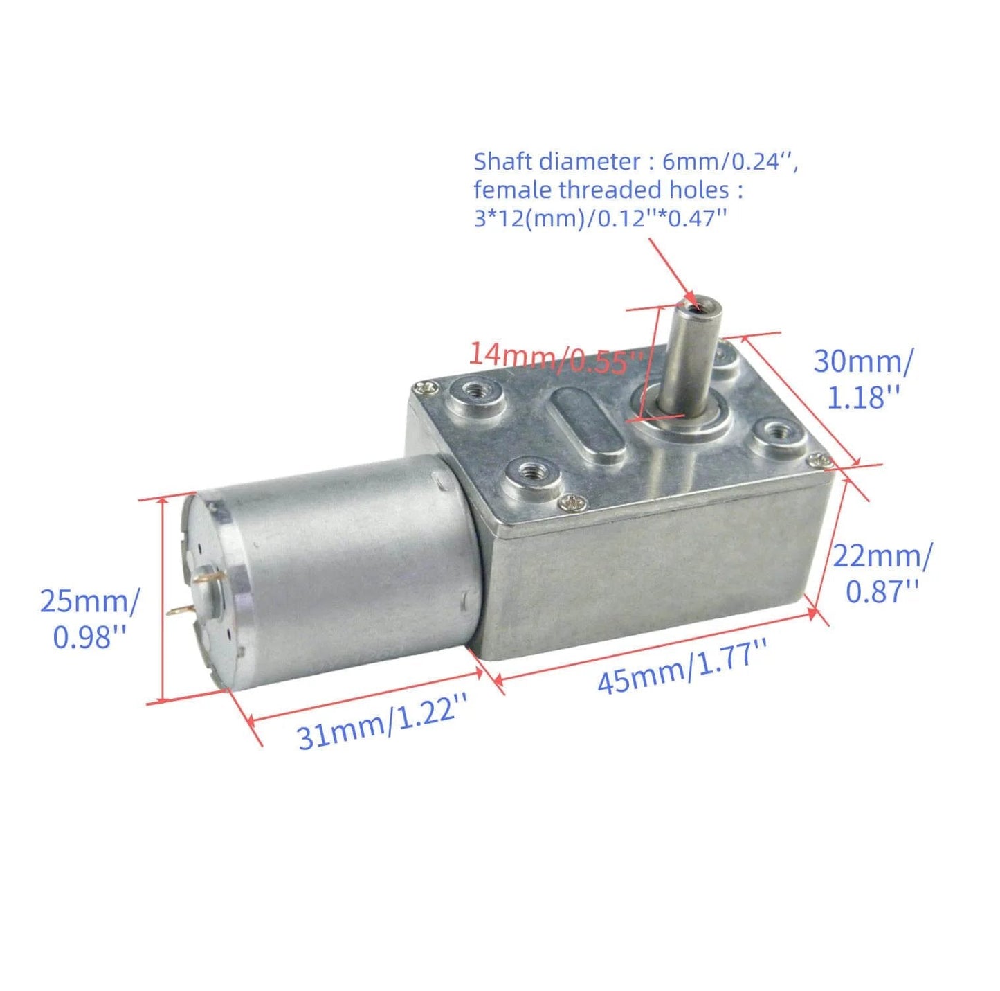370WG DC Worm Gear Motor 6V DC 30RPM Self-Locking Reversible Reducer Electric Motor with dimensions and metal housing shown