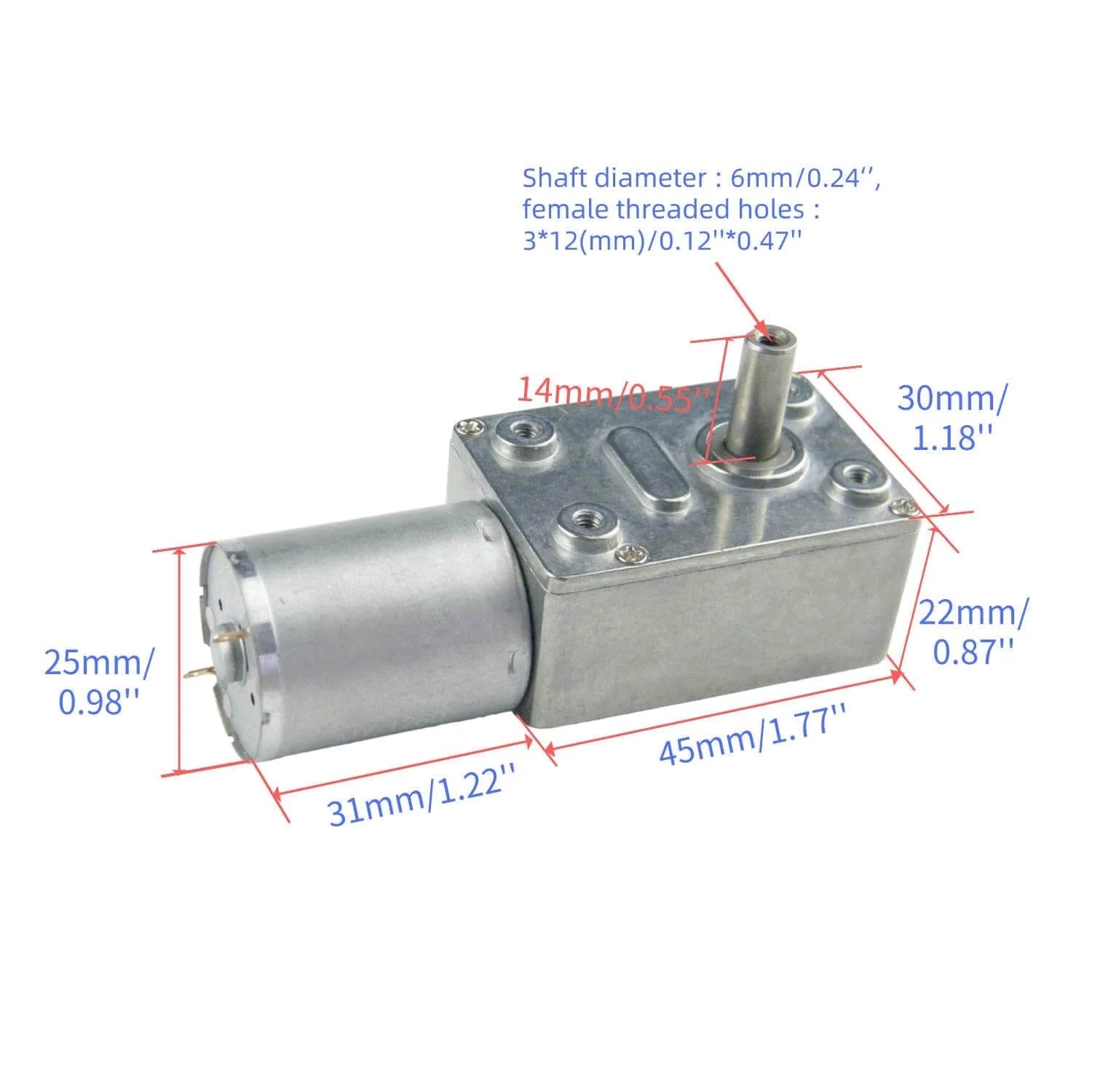 370WG DC Worm Gear Motor 6V DC 30RPM Self-Locking Reversible Reducer Electric Motor with dimensions and metal housing shown