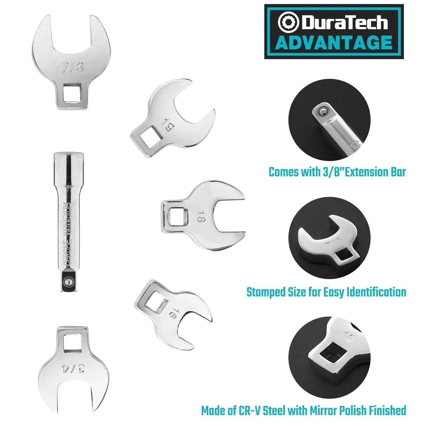 Three Eighths Inch Drive Crowfoot Wrench Set With Two Extension Bars SAE And Metric Nineteen-Piece CR-V Steel details