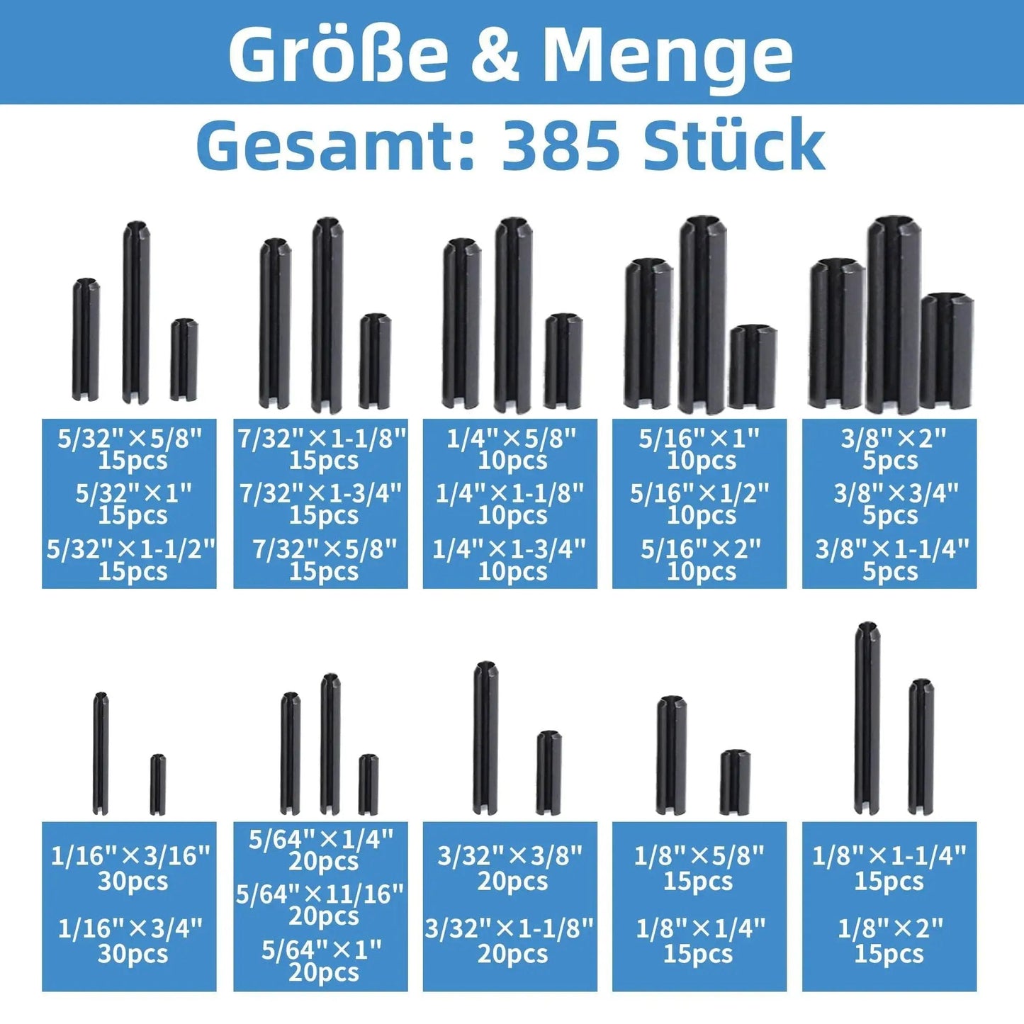 Complete 385 Piece Roll Pin Set Kit With 26 Sizes For Home Improvement And Automotive Repair Durable 65Mn Steel