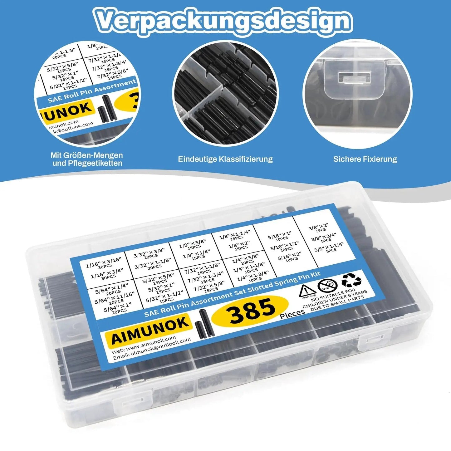 Complete 385 Piece Roll Pin Set Kit With 26 Sizes For Home Improvement And Automotive Repair Durable 65Mn Steel AIMUNOK packaging