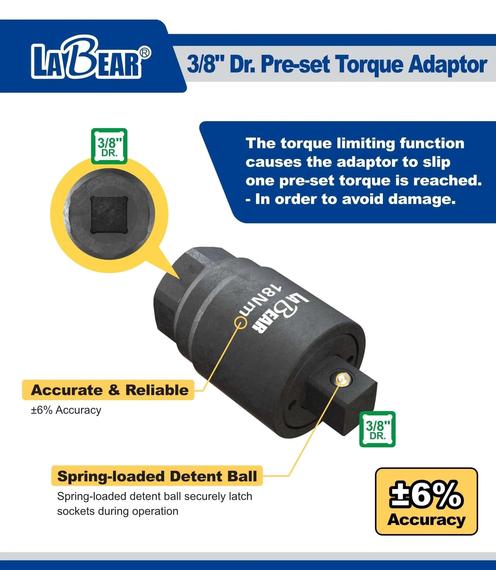 35Nm Torque Limited Wrench, manganese phosphate, 3/8" drive, oil filter and spark plug adapter, labeled with accuracy features