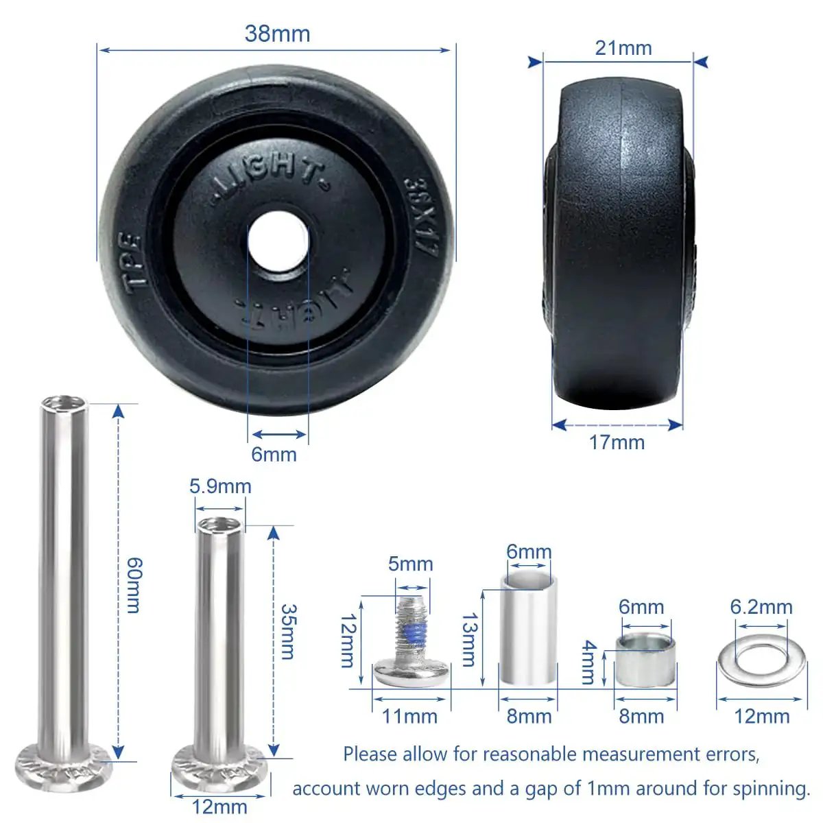 Eight Pack Luggage Wheels Replacement Set Compatible With Most Suitcases Spinners Rolling Duffels And Carry Ons 38mm Diameter