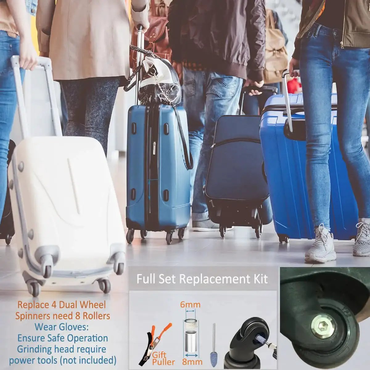 Eight Pack Luggage Wheels Replacement Set Compatible With Most Suitcases 38mm TPE Bearings Shown With Suitcases