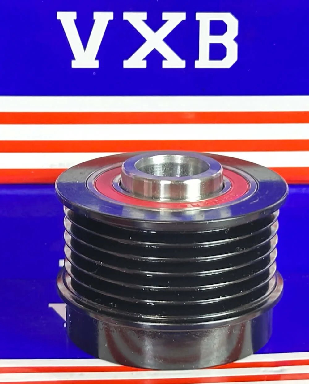 03C903119B Alternator Pulley for Volkswagen showing a side view of the black pulley with metal center and grooves.