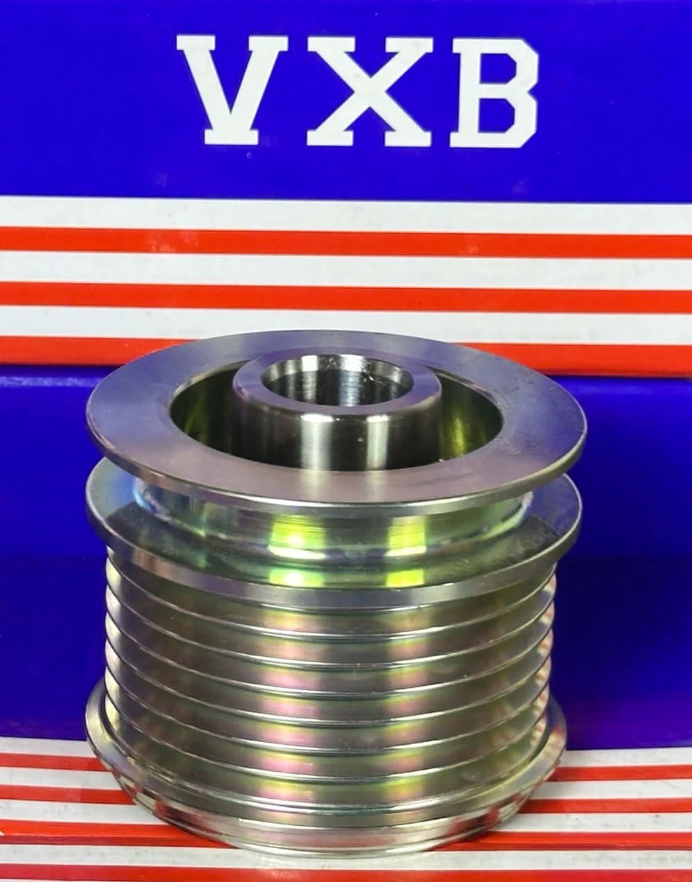 F-557311 Alternator Freewheel Pulley AKA 535 0165 10 for Mercedes-Benz shown from the front with shiny metal finish.