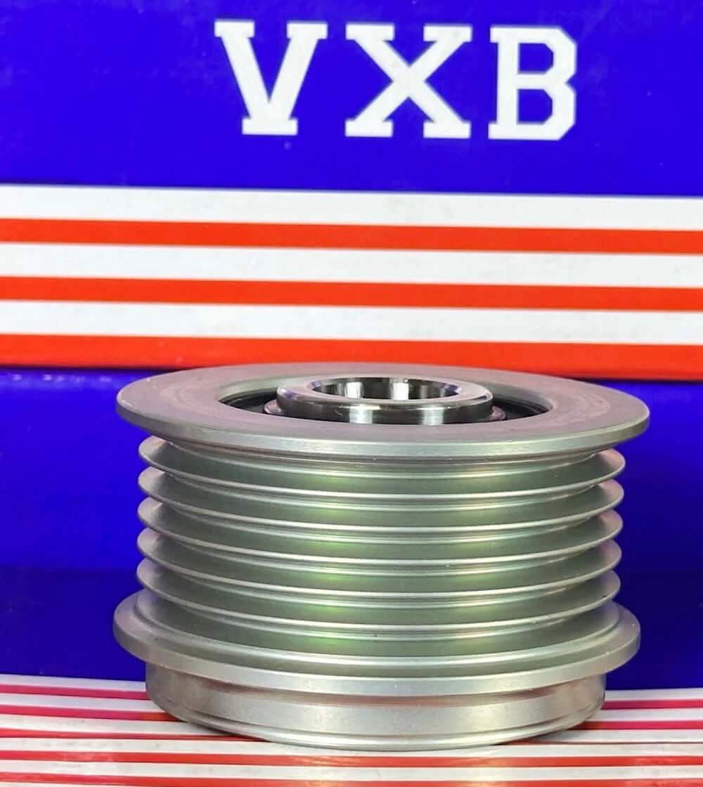 F-553099 Alternator Freewheel Clutch Pulley Bearing displayed from a side angle, featuring a metallic finish and multiple grooves.