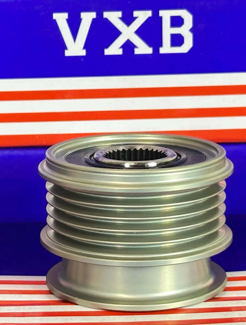 F‑553392 Alternator Freewheel Clutch Pulley 5 Groove, 54 mm OD 535012110 side view showing grooves and inner spline.