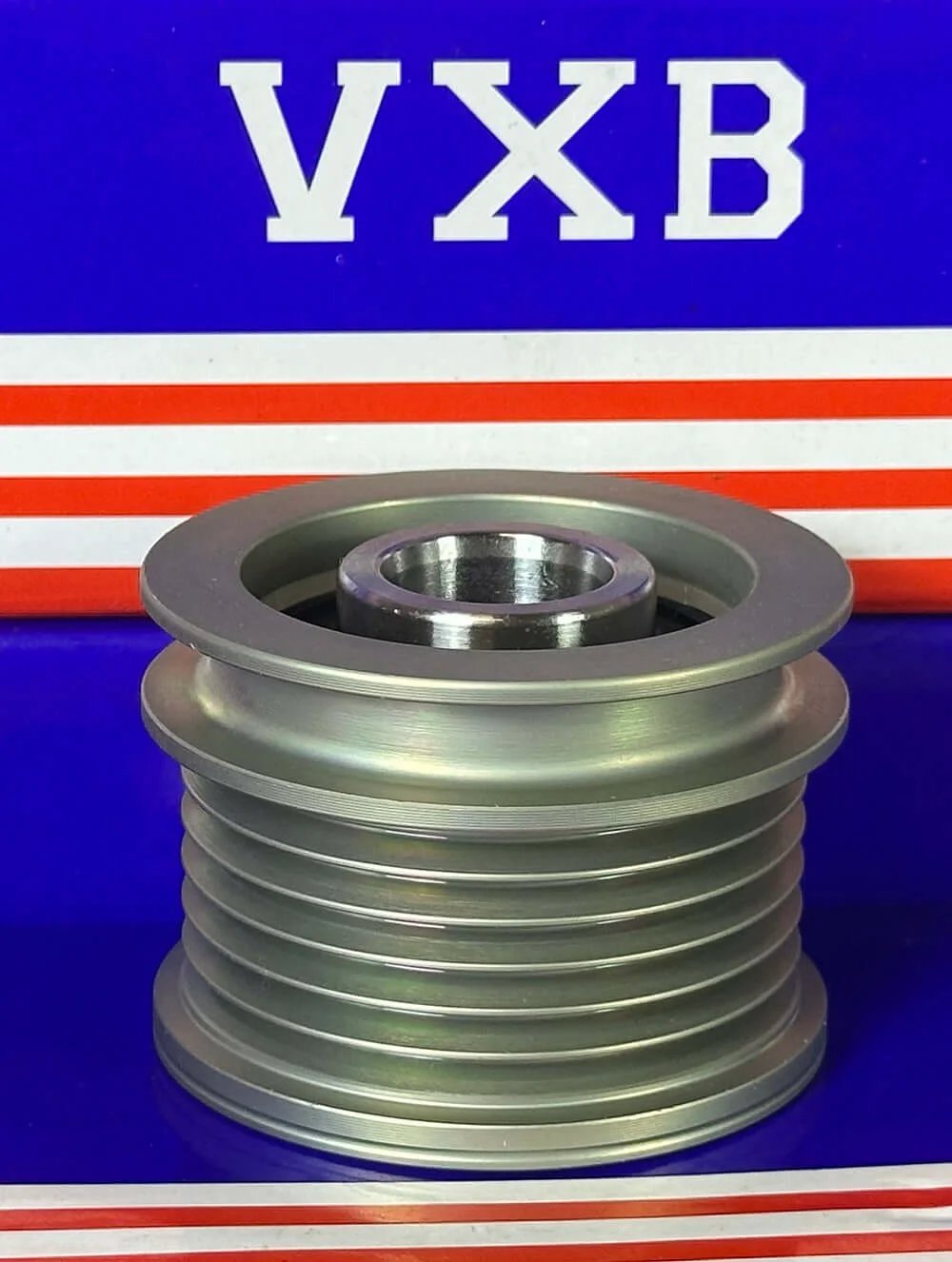 F-228824 Alternator Freewheel Clutch Pulley viewed from the front, showing multi-ribbed profile and central hole.