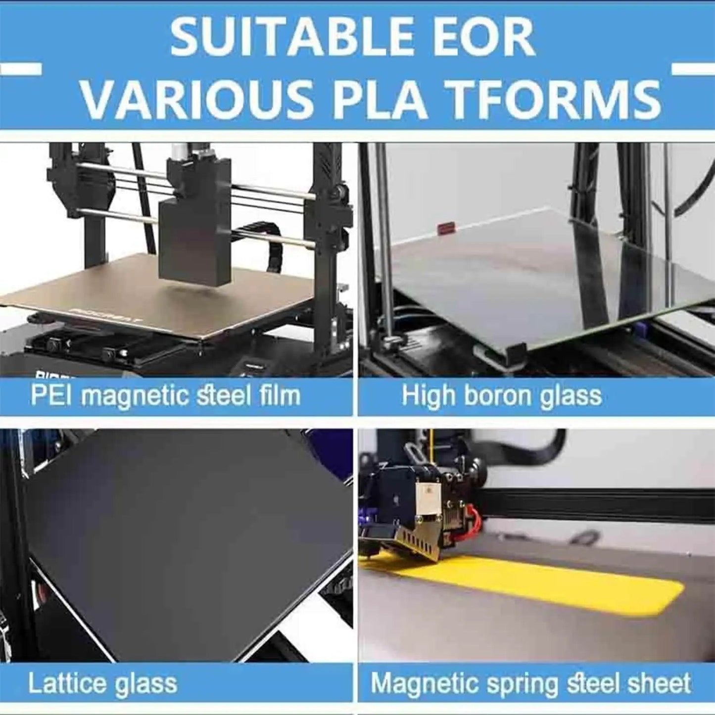 3D Printer with various plaforms; PEI magnetic steel film, high boron glass, lattice glass, magnetic spring steel sheet for precision