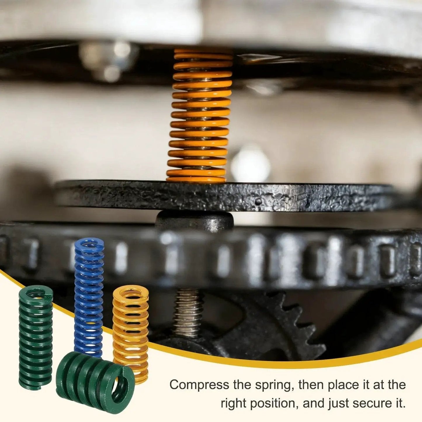 8 Pack 3D Printer Die Springs 12mm OD 25mm Length Light Load Mould Die Spring for Heated Beds, shown in yellow installed