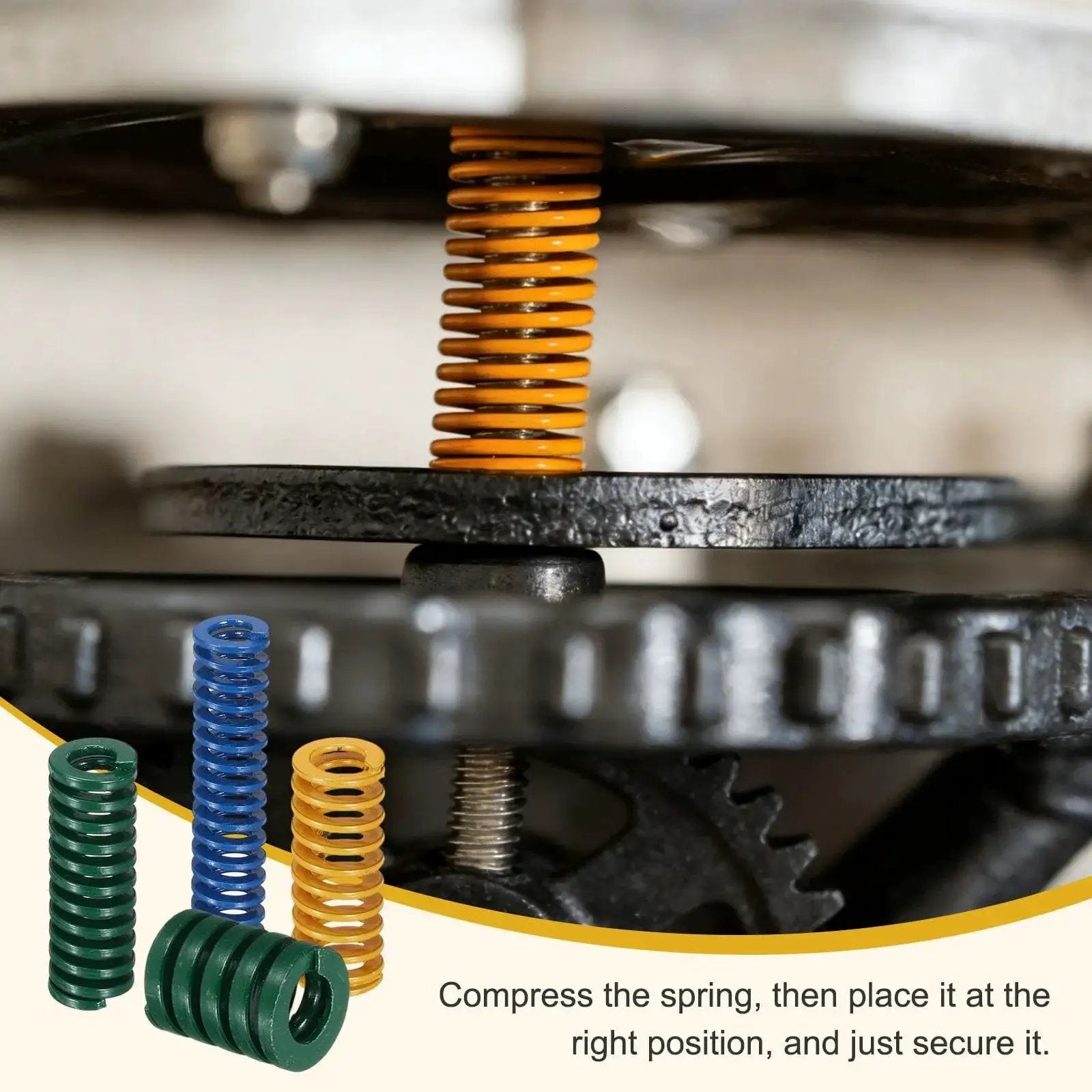 8 Pack 3D Printer Die Springs 12mm OD 25mm Length Light Load Mould Die Spring for Heated Beds, shown in yellow installed