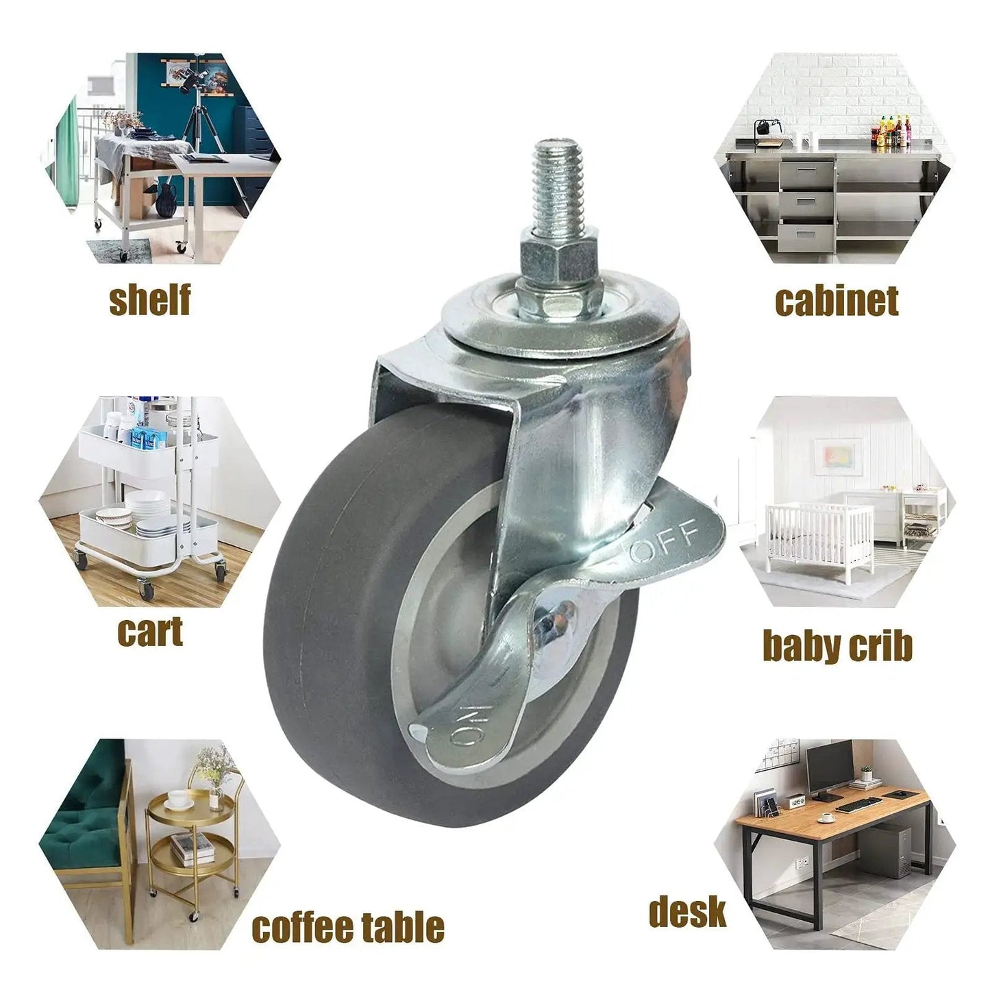 Set Of Four 3 Inch Caster Wheels With Locking Brakes, Rubber Heavy Duty Casters For Workbenches, Carts, Furniture, Dolly, And Trolley, M10 X 1.5 Threaded Stem, Industrial Swivel Castors With 360 Degree Rotation, showing one wheel with brake lever and threaded stem.